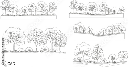 Isolated a kinds of deferent Architectural Drawings, Minimal style cad tree line drawing, Side view, set of section wetland forest outline for landscape design drawingseperate element vector art .