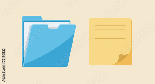 A blue file folder next to a yellow lined sticky note on a pale background