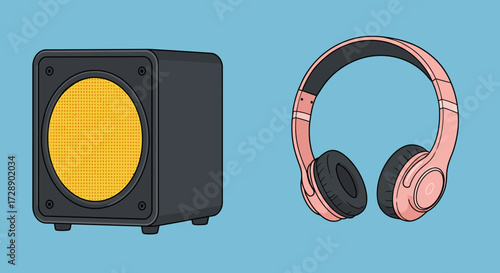 A black speaker with a yellow grille and pink overear headphones against a blue background