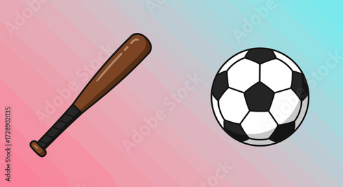 A brown baseball bat and a black and white soccer ball on a pink to blue gradient background