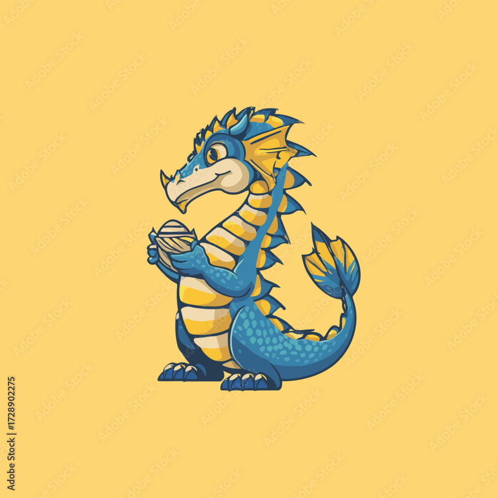 Obraz premium Cartoon blue and yellow dragon sits holding a sphere, on a yellow background