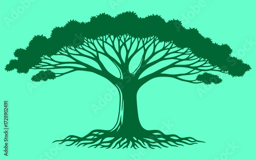 Stylized Green Tree Silhouette Against a Teal Background Nature-Inspired Graphic Design