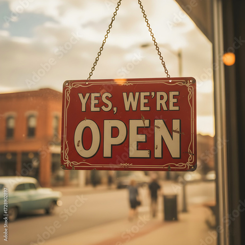 Wallpaper Mural Vintage Wooden Sign with Red Text 'Yes, We're Open' Close-up, Blurred Street and City Background, Business Reopening Concept Torontodigital.ca