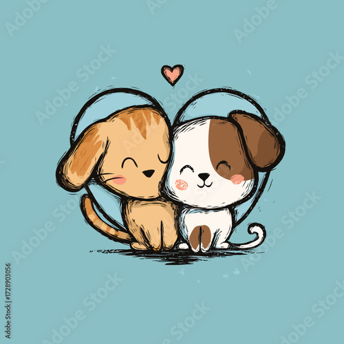 Cute cartoon cat and dog in a heart shape