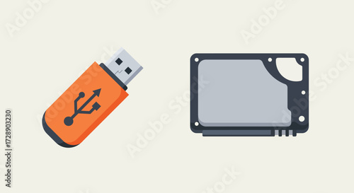 Flat illustration of a USB flash drive and a solidstate drive