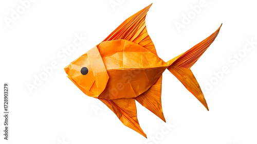 Origami goldfish made of paper in orange Isolated transparent on white background