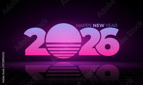 2026 Text Design. Vector 2026 neon Illustration Design Element for New Year 2026 Social Media Post, Greeting Card, Banner, Poster, Retro Text Effect, vintage style of eighties, cyberpunk style