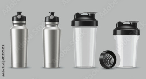 Four watershaker bottles in silver metal and clear plastic with black lids