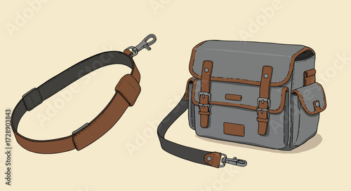 Illustration of a grey and brown messenger bag with a detached adjustable shoulder strap