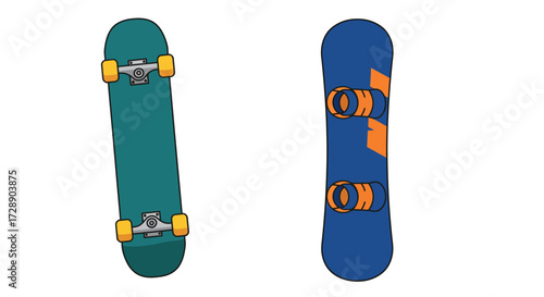 Illustration of a teal skateboard and a blue snowboard on white background