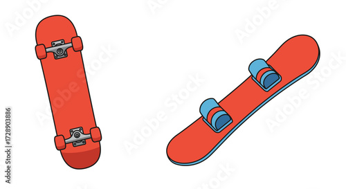Illustration of a red skateboard and a red snowboard against a white background