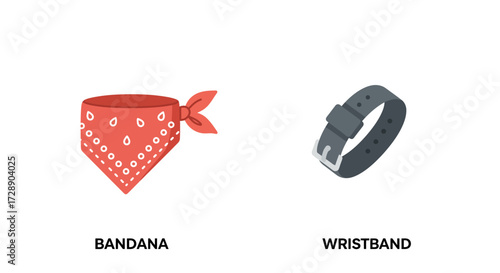 Red patterned bandana and a gray wristband on a white background