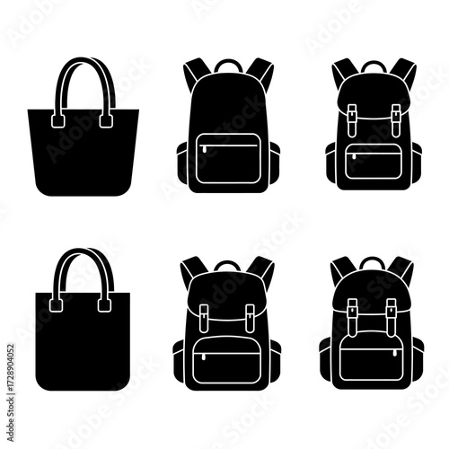 Six black silhouette icons of bags including tote bags and backpacks in two rows