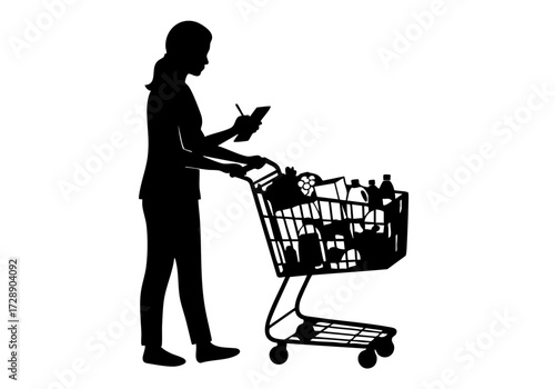 A silhouette of a woman shopping in the grocery store 