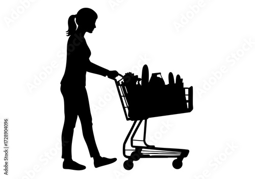 A silhouette of woman with full shopping cart at supermarket.