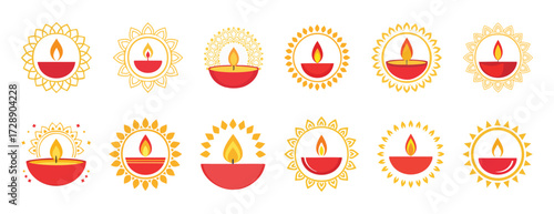 Circle Mandala big set collection: Yellow, and red, diwali, deepavali, oil, lamp, deepak, frame, dussehra, durga, puja, festive, indian, decoration, event, orange, holi, krishna, janmashtami,