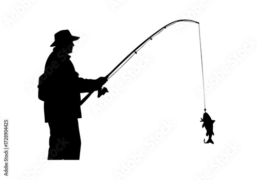 A fisherman in silhouette reeling in a fish.