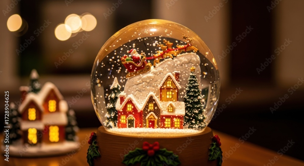 Fototapeta premium Santa in sleigh over snowy village inside a snow globe holiday decoration
