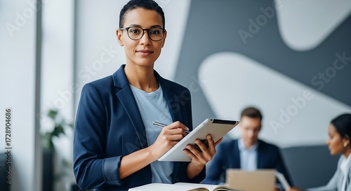 Confident professional woman in glasses and business suit holding tablet and pen in modern office, leadership and success