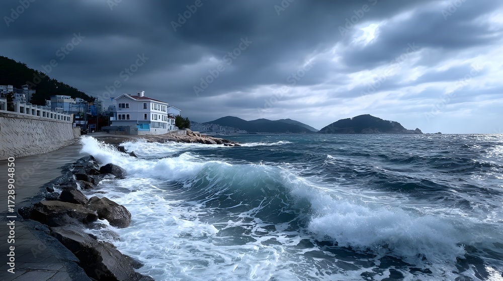 Fototapeta premium Powerful waves crashing against the rocky coastline under a moody, overcast sky with dark clouds in the distance.