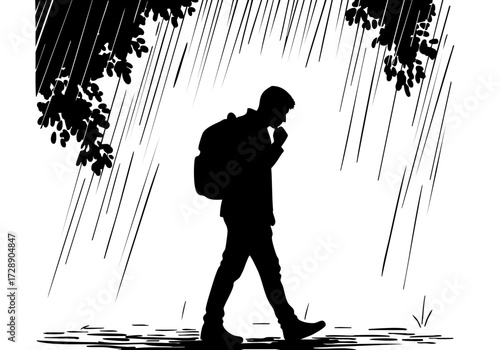 A person walking in the rain, captured as a silhouette.