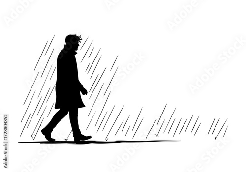 Silhouette of a person walking in the rain, representing solitude and introspection.