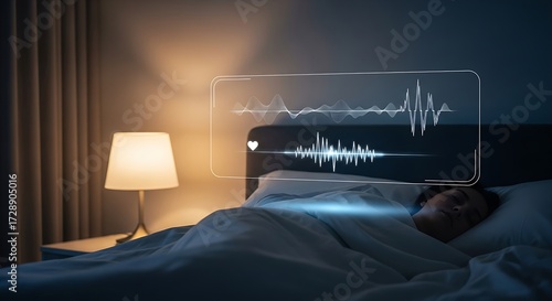 Person sleeping soundly while a digital waveform illustrates their peaceful sleep cycle and health monitoring technology