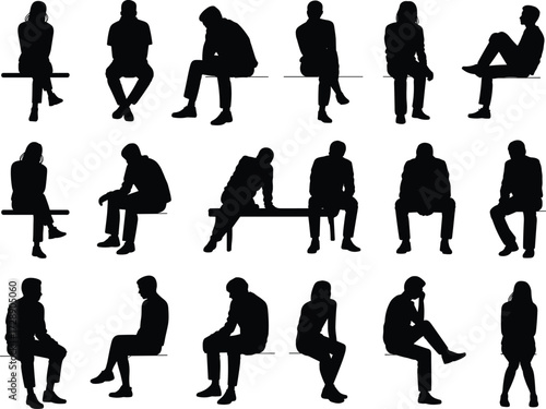 Collection of black silhouette illustrations showing men and women sitting on benches and chairs, people in various seated poses
