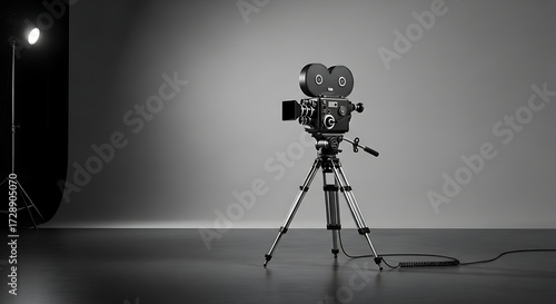 Vintage cinema camera on a tripod in a studio with spotlight, vintage filmmaking equipment, retro movie production