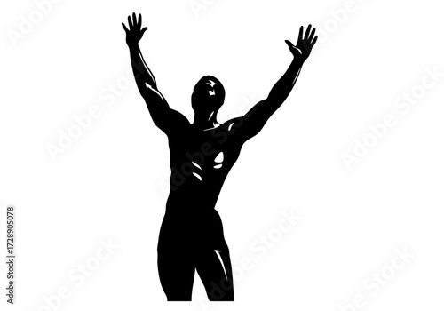 A silhouette of a man with arms raised in victory.