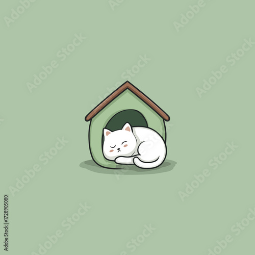 Cartoon style white cat curled up asleep inside a green cartoon dog house