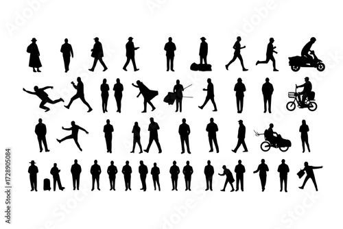 Urban Symphony: Panoramic Silhouette Tableau of Diverse Individuals, City's Dynamic Tapestry, Movement, Culture, Everyday Life, Downtown.