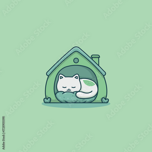 Cute cartoon cat peacefully sleeping in a green doghouse, on a comfortable pillow