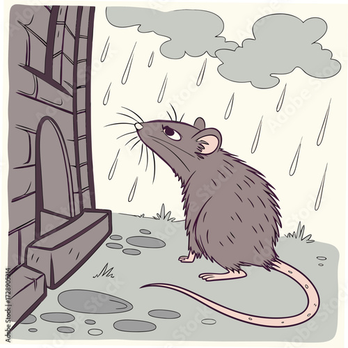 A lonely grey rat stands in the rain looking up at the stormy sky near a stone building entrance