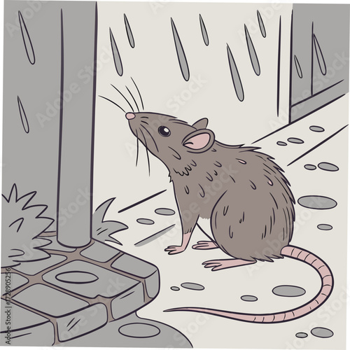 A solitary brown rat sits and looks up at the falling rain drops on a cobblestone street