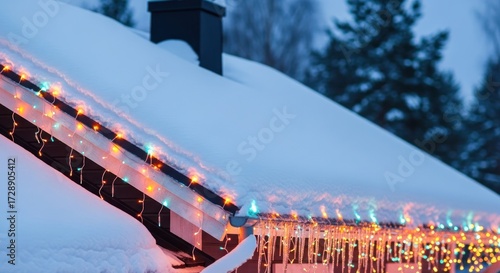 House roof covered in snow decorated with colorful christmas lights at nighttime