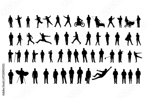 Multitude in Monochrome: Vast Collection of Human Silhouettes, Diverse Gathering in Various Poses & Groupings, Stark Black and White.