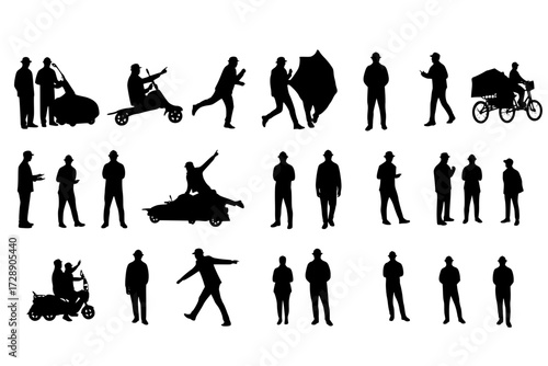 Urban Symphony: Panoramic Silhouette Tableau of Diverse Individuals, City's Dynamic Tapestry, Movement, Culture, Everyday Life, Downtown.