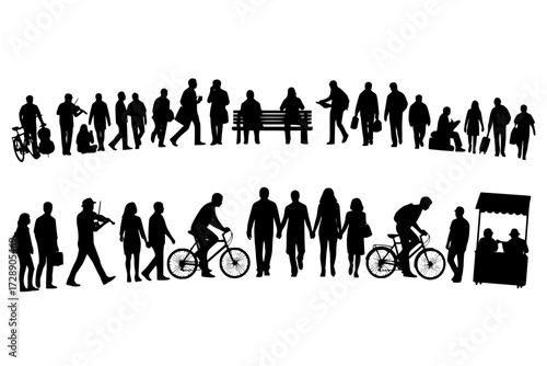 Urban Symphony: Panoramic Silhouette Tableau of Diverse Individuals, City's Dynamic Tapestry, Movement, Culture, Everyday Life, Downtown.