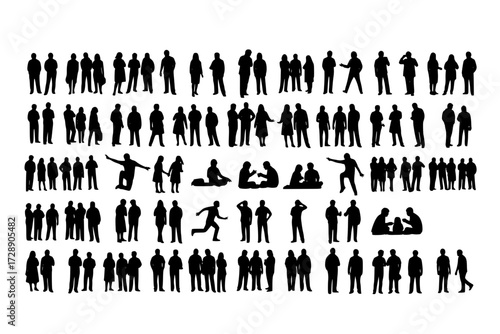 Multitude in Monochrome: Vast Collection of Human Silhouettes, Diverse Gathering in Various Poses & Groupings, Stark Black and White.