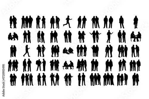 Multitude in Monochrome: Vast Collection of Human Silhouettes, Diverse Gathering in Various Poses & Groupings, Stark Black and White.