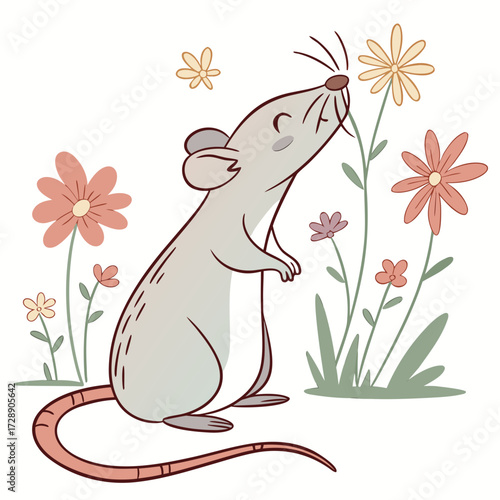 Cute cartoon gray mouse with closed eyes smelling a delicate yellow flower in a field of wildflowers