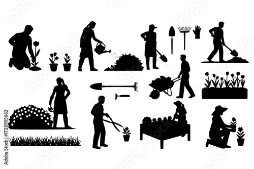 Gardening Silhouettes Pack: A diverse collection of silhouettes showcasing various gardening activities and tools, from planting to maintenance and harvesting.