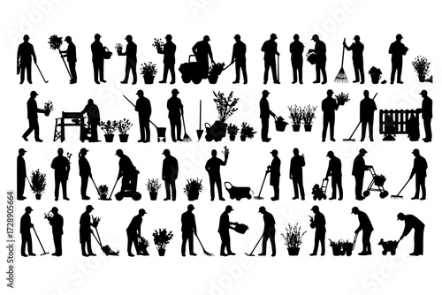 Gardening Silhouettes Pack: A diverse collection of silhouettes showcasing various gardening activities and tools, from planting to maintenance and harvesting.