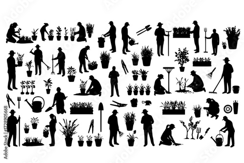 Gardening Silhouettes Pack: A diverse collection of silhouettes showcasing various gardening activities and tools, from planting to maintenance and harvesting.