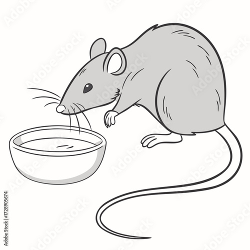Cute cartoon gray rat drinking water from a white bowl illustration on white background