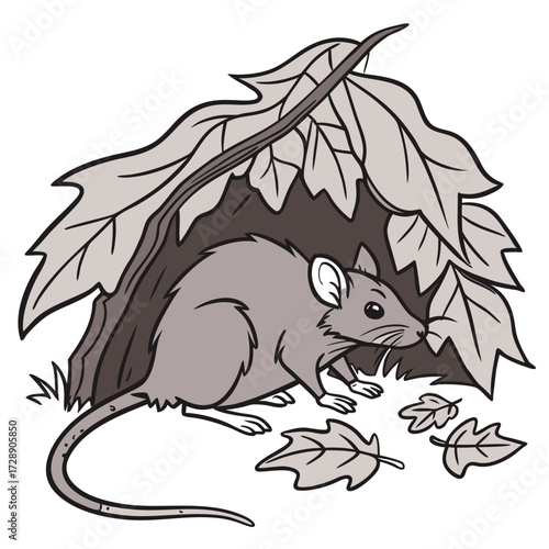 Cute cartoon mouse peeking out from a cozy den made of fallen autumn leaves and a branch