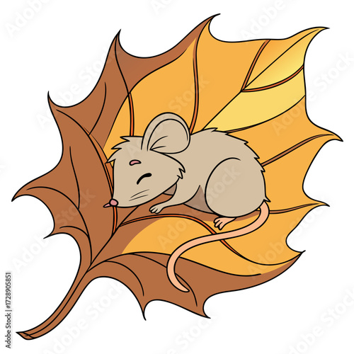 Cute cartoon mouse peacefully sleeping curled up on a large colorful autumn leaf against a white background