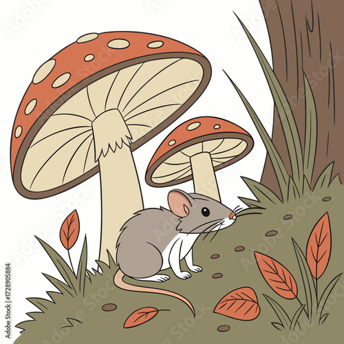 Cute cartoon mouse peeking out from behind large red and white spotted mushrooms in a forest setting