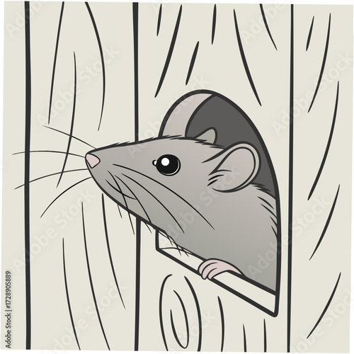 Cute cartoon mouse peeking out of a hole in a wooden log with a curious expression